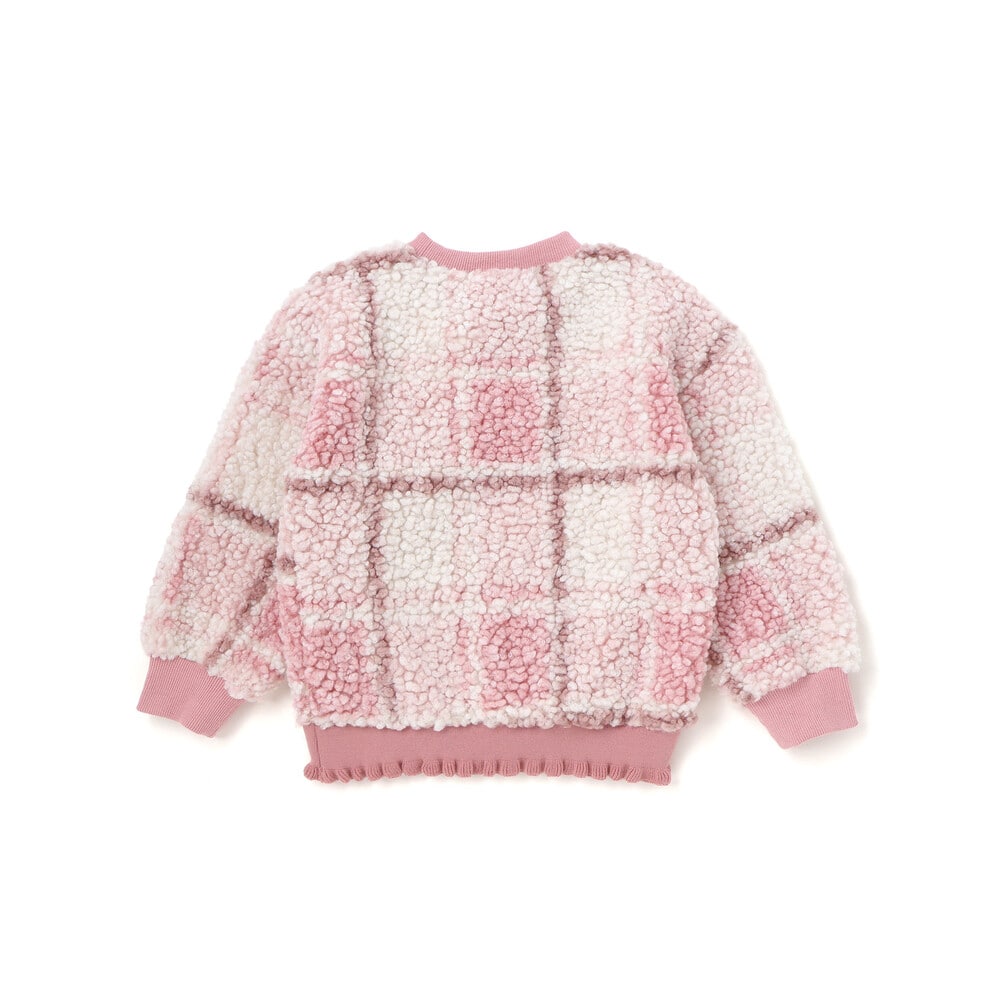 ハートリボンキラキラボアパッチもこもこチェックトレーナー(80~130cm) ブルー系 80cm