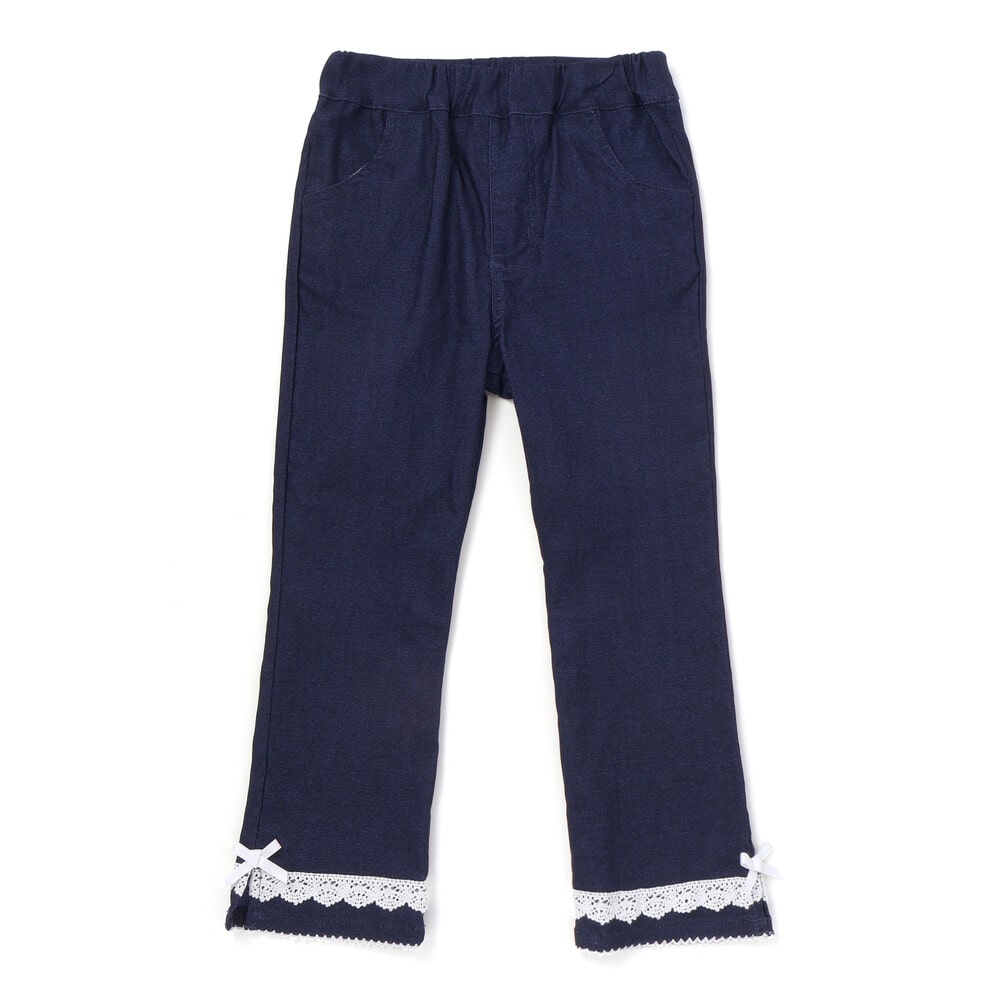 裾レース&リボンストレッチツイルロングパンツ(90~130cm) ネイビー 90cm