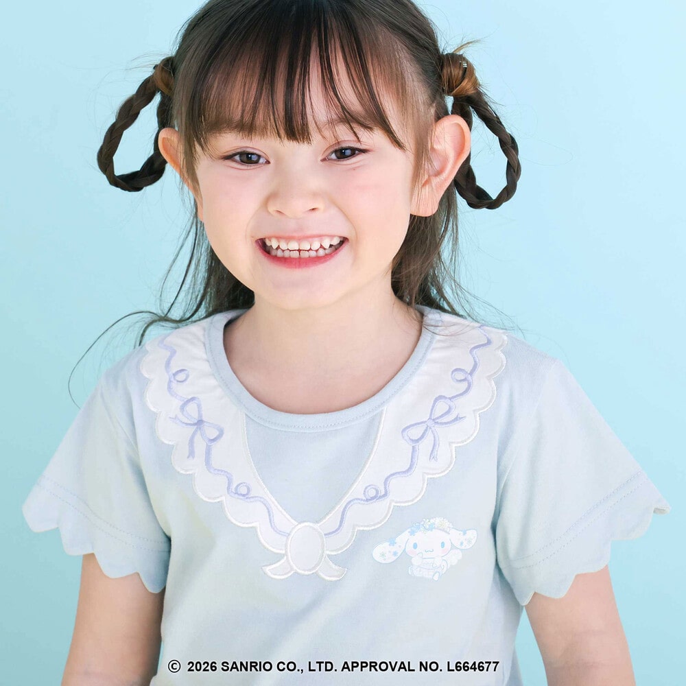 【シナモロール/ポムポムプリン×SLAPSLIP】袖スカラップ耳付きセーラー襟風Tシャツ(90~130cm) オフホワイト 90cm