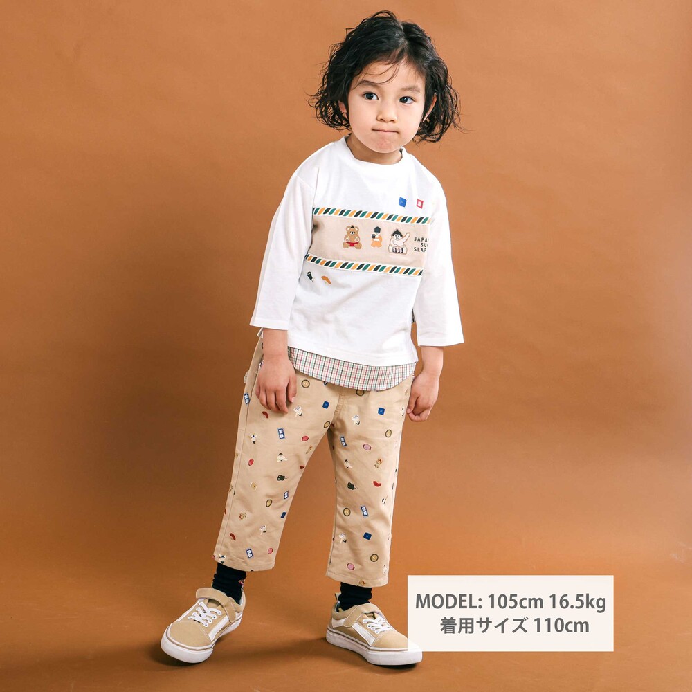 天竺シャンブレーチェック切り替え7分袖Tシャツ(80~130cm) ブラック 80cm