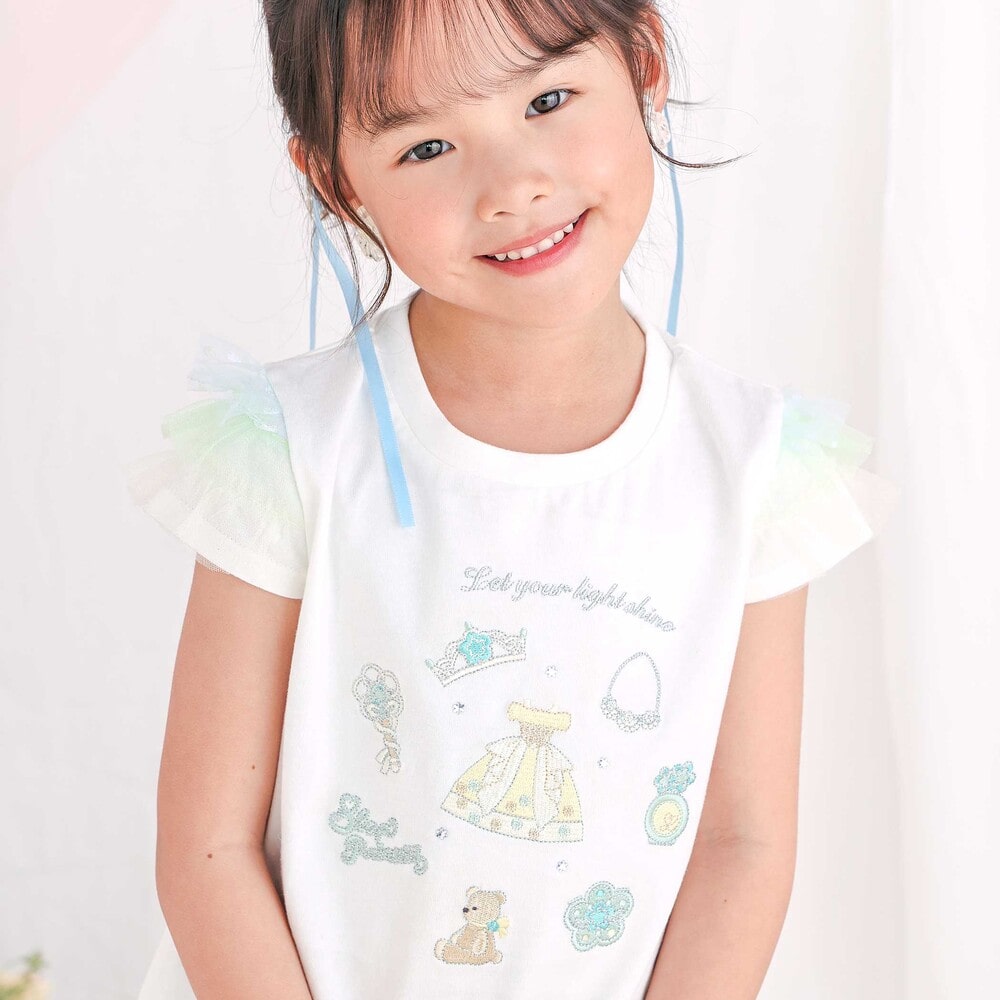 【スラプリ】チュールスリーブ天竺半袖Tシャツ(80~130cm) ブルー 80cm