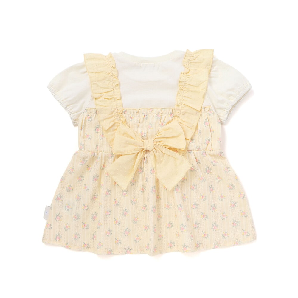 肩フリル花柄レースドッキング半袖Tシャツ(80~130cm) イエロー系 80cm