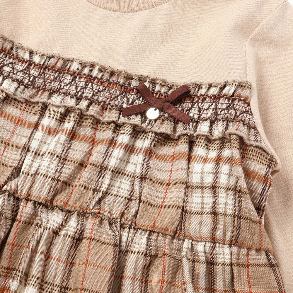 【お揃い】チェックドッキング長袖Tシャツ(80~130cm) ベージュ系 80cm