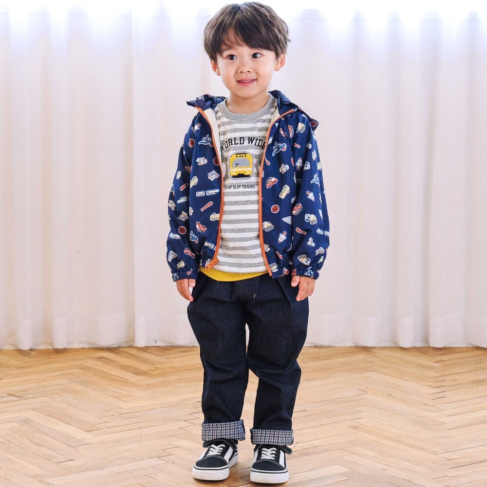 電車モチーフサガラ刺しゅうボーダー柄長袖Tシャツ(80~130cm) ブルー系 80cm