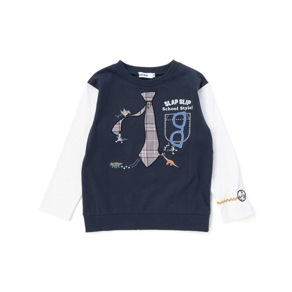 ネクタイメガネパッチ袖切り替え長袖Tシャツ(80~130cm) ネイビー 80cm