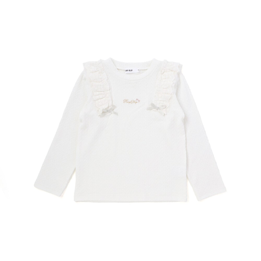 肩フリルハート刺しゅう長袖Tシャツ(80~130cm) ホワイト 80cm