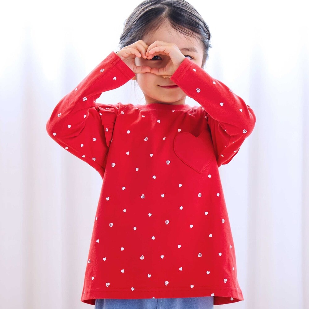 【スララク/防汚加工/オーガニックコットン】ときめきデザイン女の子長袖Tシャツ(80~130cm) ブラックドット×チェリー刺しゅう 80cm
