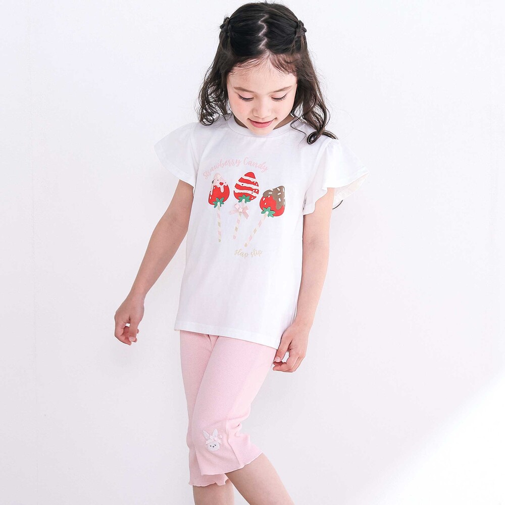 【スララク/吸汗速乾/接触冷感/オーガニックコットン】ときめき女の子半袖Tシャツ(80~130cm) コーラル×お花アイス×袖フレア 80cm