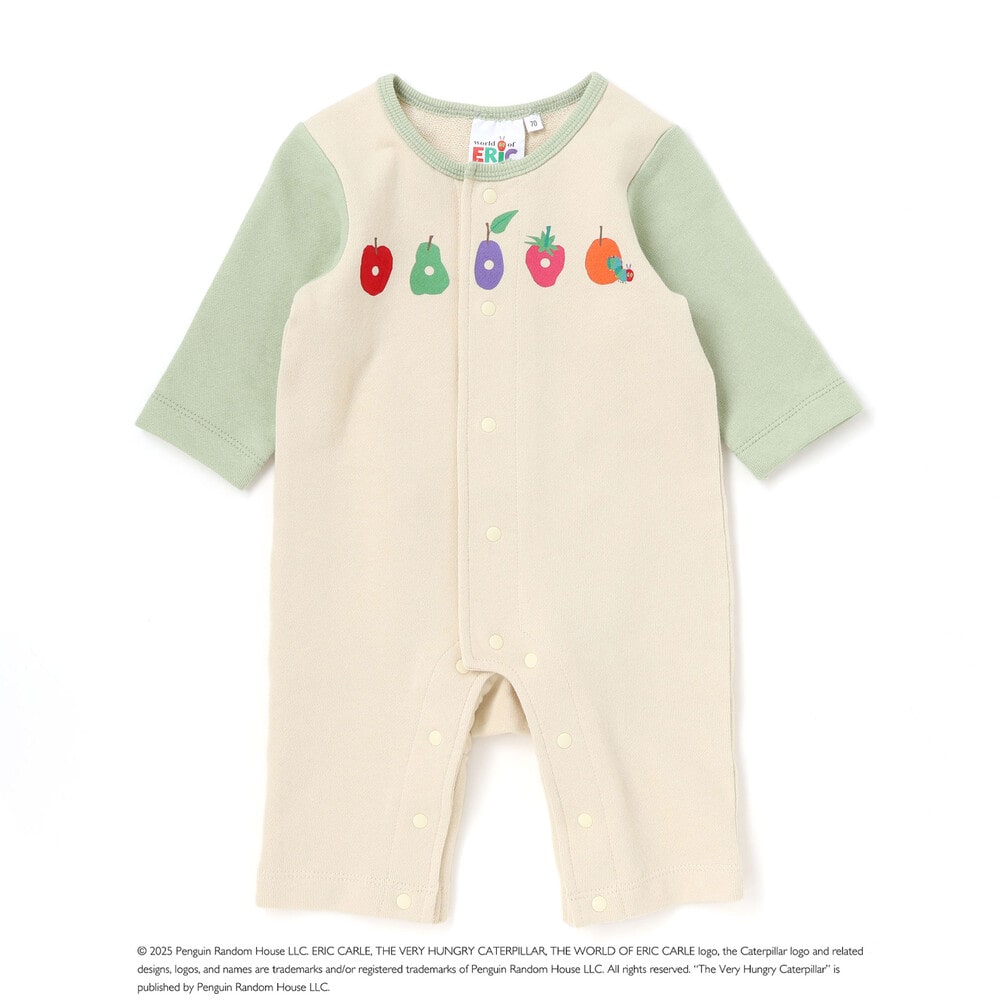【絵本コラボ-はらぺこあおむし-】袖配色おしりパッチカバーオール(70~80cm) グリーン(リンゴ) 70cm