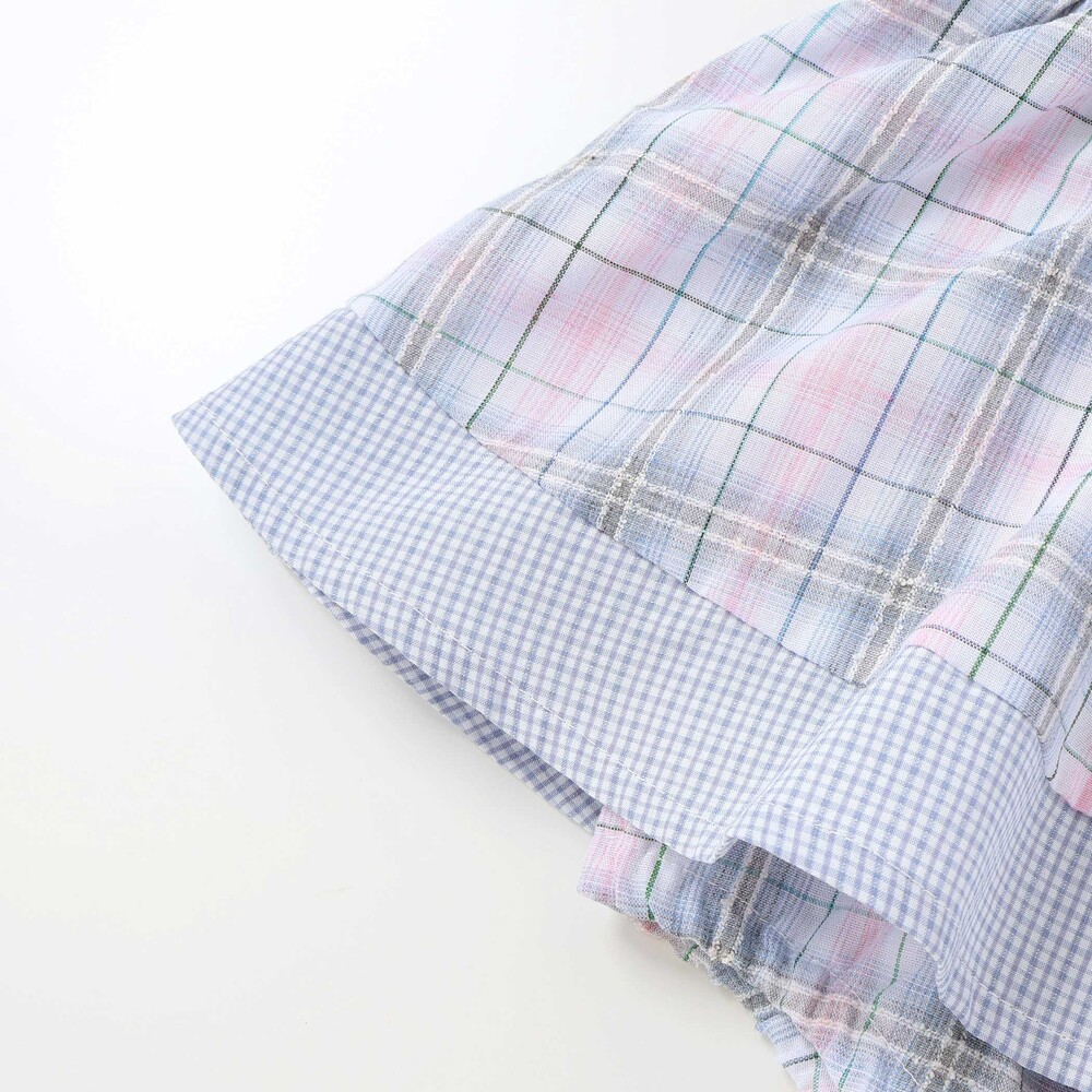 【お揃い】リボン付きマドラスチェックカバーオールベビー(70~80cm) ブルー系 70cm