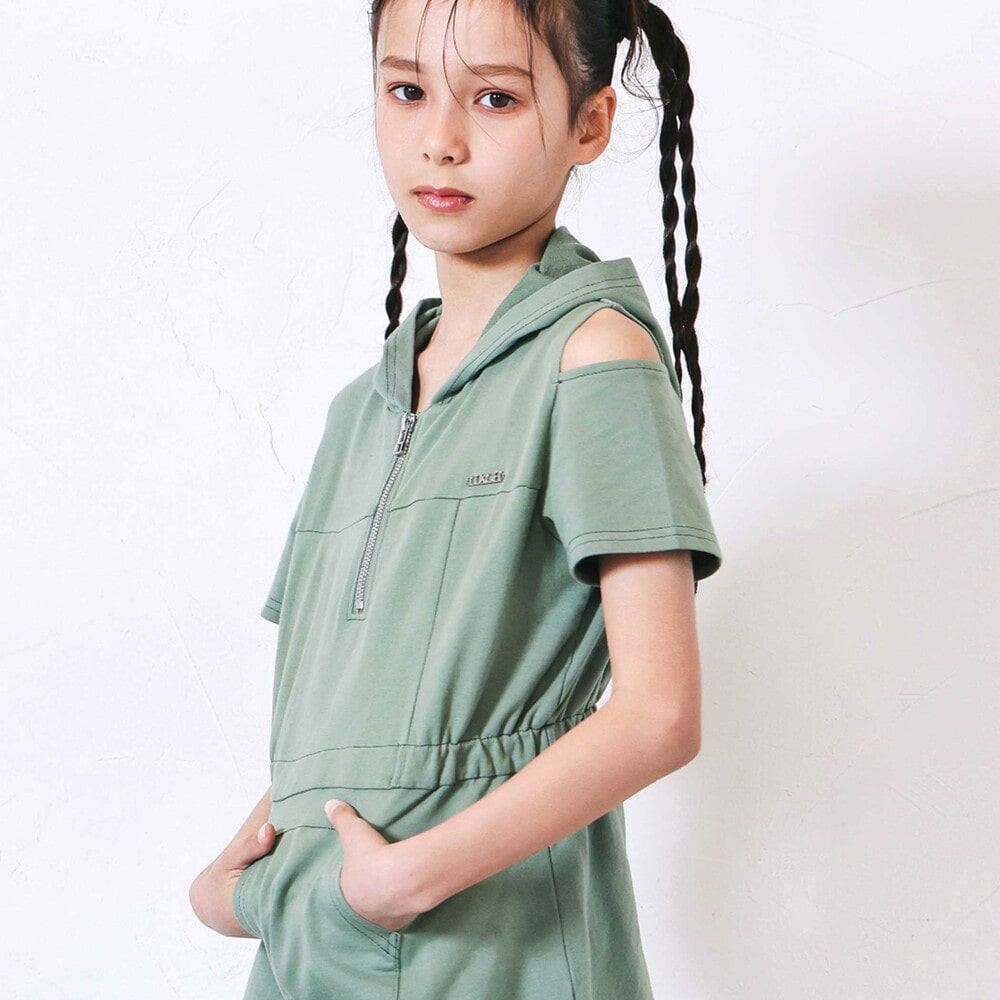 フルジップ肩あきフードワンピース(110~150cm) グリーン 110cm