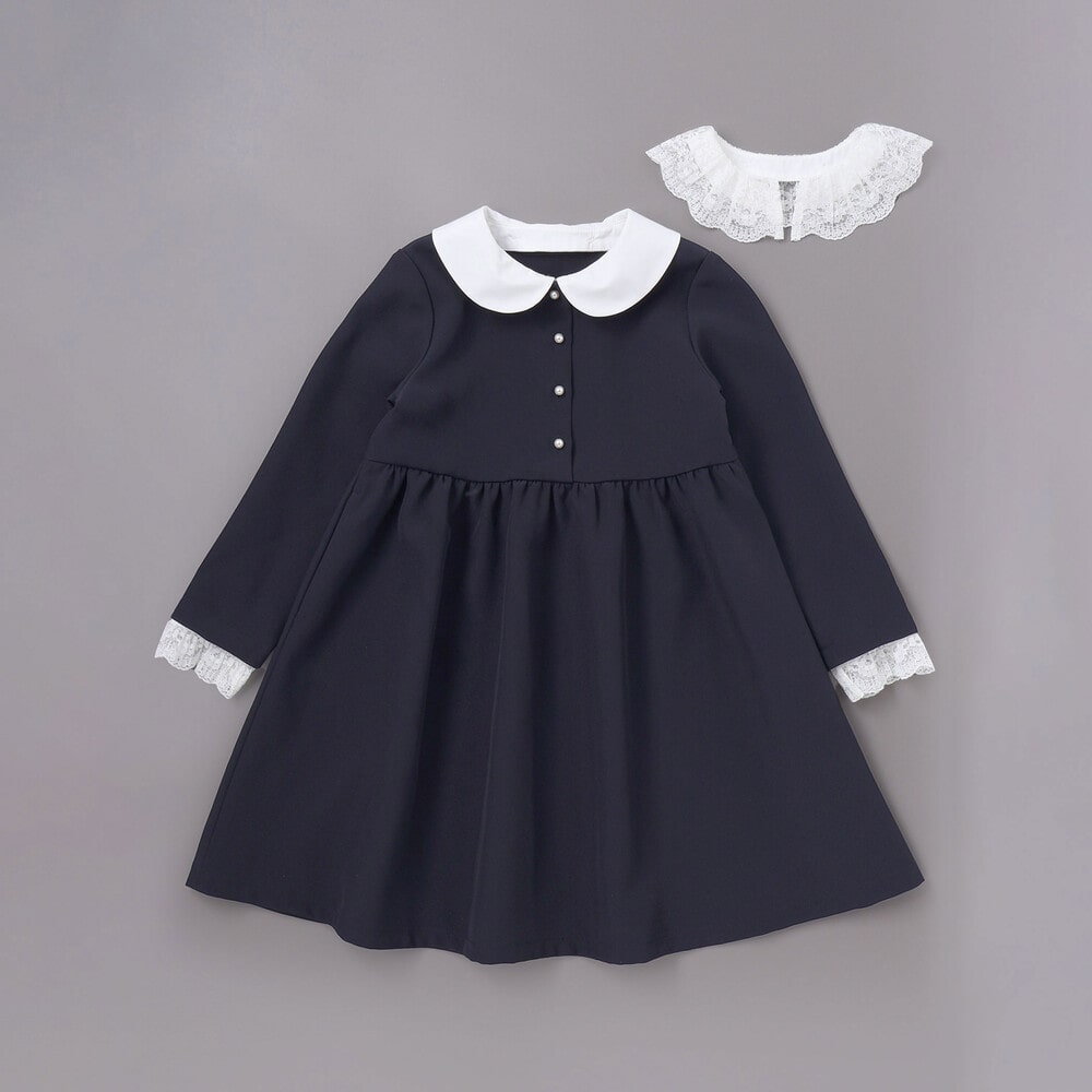 ダブルクロス3way付け襟長袖ギャザーワンピース(110~130cm) ネイビー 110cm