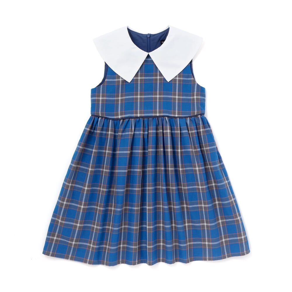 【お揃い】【神戸タータン×BeBe】BIGカラーチェックギャザーワンピース(90~150cm) ブルー系 90cm