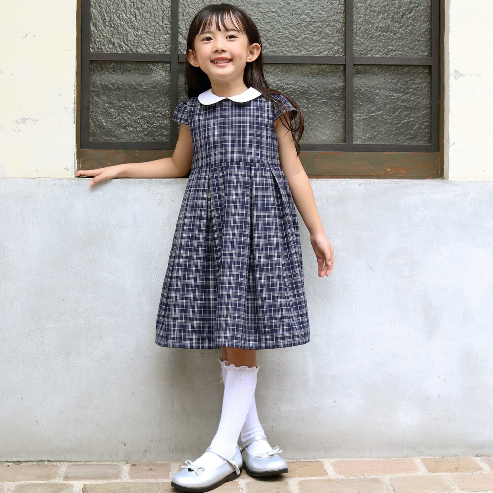 ボレロ+リボンタイ付きチェックワンピースセット(110~130cm) ネイビー系 110cm