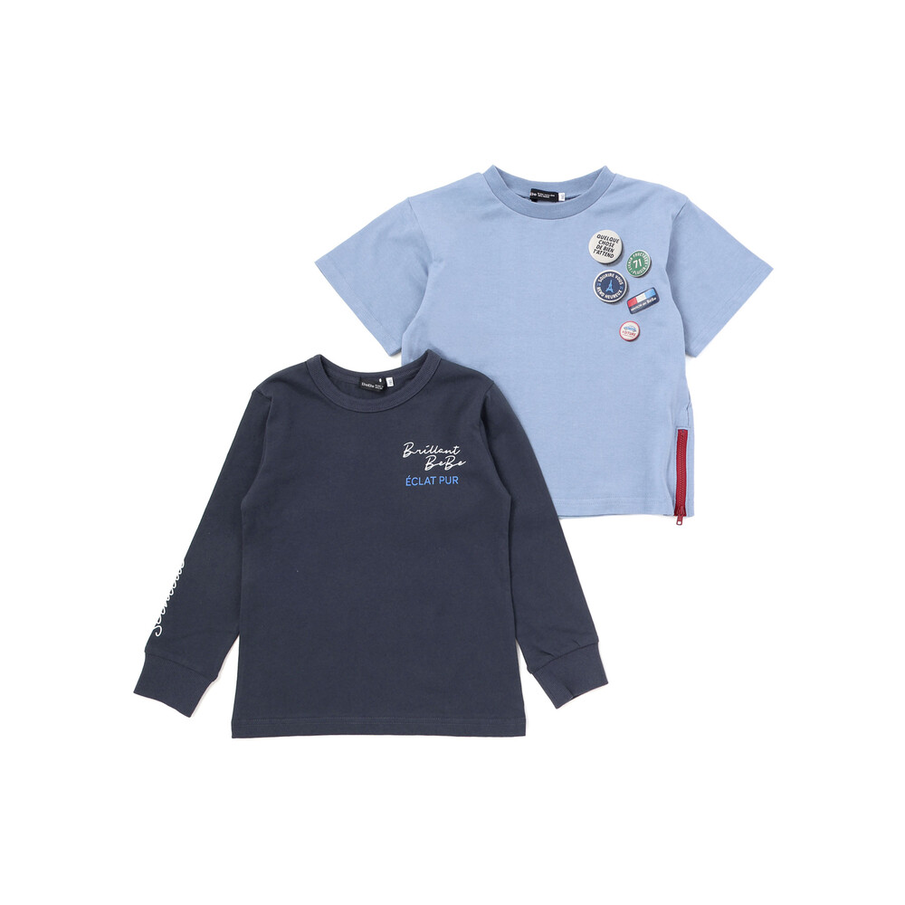 缶バッジ風立体プリント半袖Tシャツ+ロゴ長袖Tシャツ セット(90~160cm) ブルー 90cm