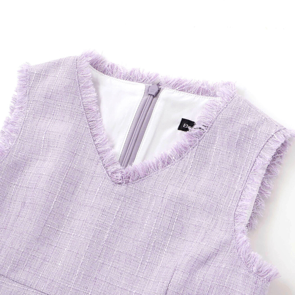 【お揃い】ツイード調Vネックフリンジジャンパースカート(90~140cm) パープル系 90cm