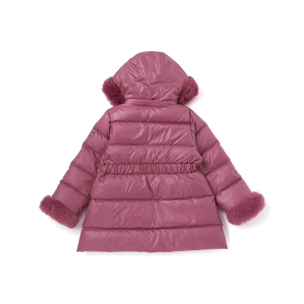 【撥水加工】シャイニータフタウエスト切り替えシャギーファーフードダウンコート(90~150cm) ピンク 90cm