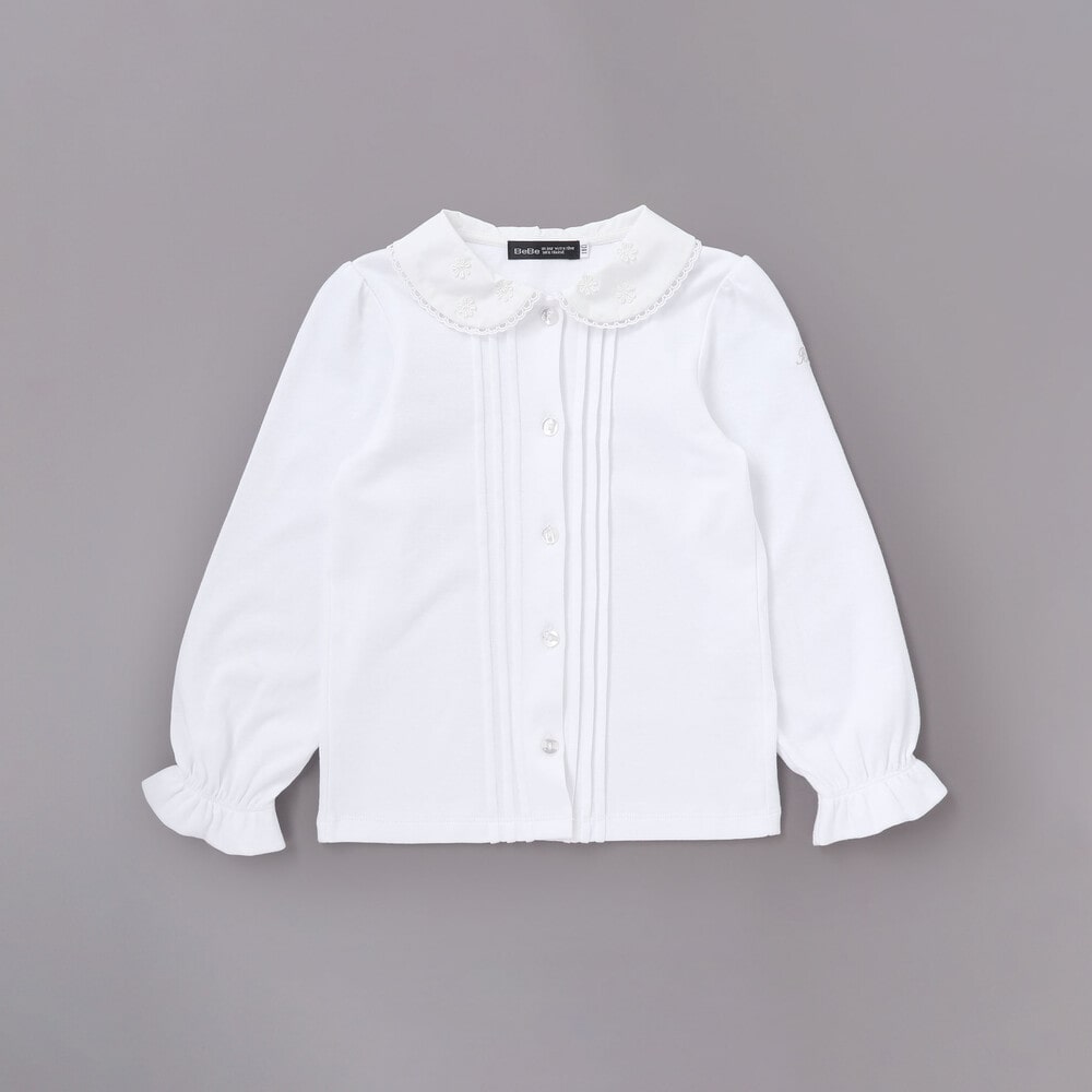 花レース丸襟フロントタックスムース長袖ブラウス(90~140cm) ホワイト 90cm