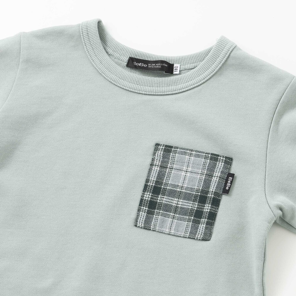 裾ネルチェック切り替えレイヤード風トレーナー (90~150cm) グリーン 150cm