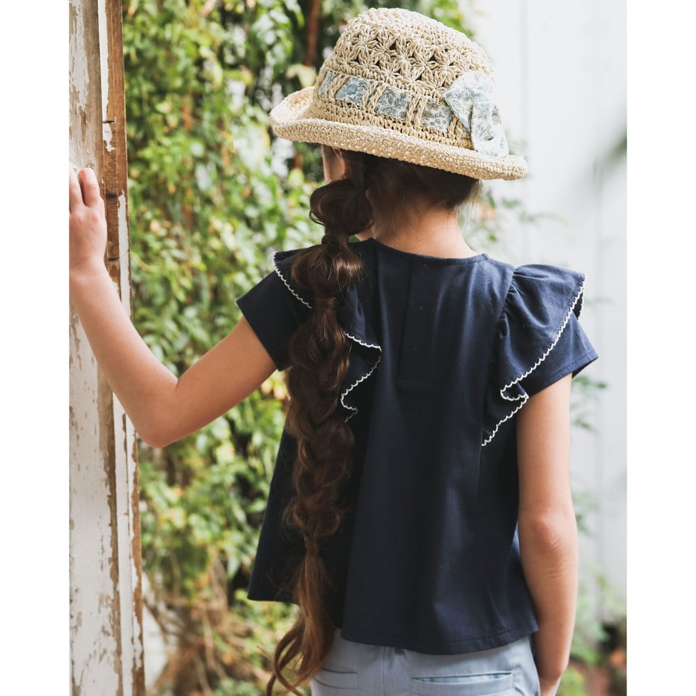 肩 フリル ピーコット 刺繍 A ライン Tシャツ(90~150cm) パープル 140cm