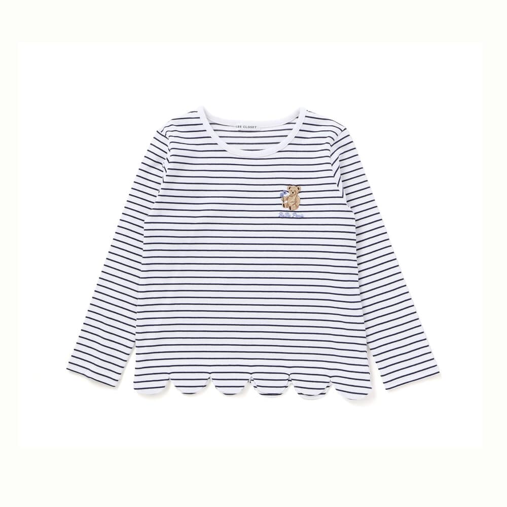 【抗菌防臭・UVカット】裾スカラップくま刺しゅう天竺長袖Tシャツ(90~130cm) ネイビー系 SS(90-100cm)