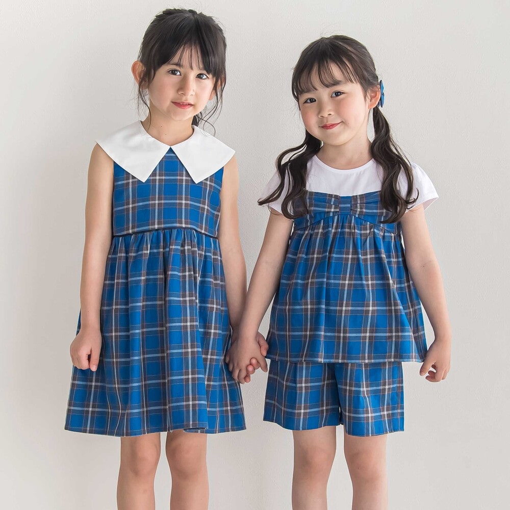 【お揃い】【神戸タータン×BeBe】チェックビスチェドッキング半袖Tシャツ(90~150cm) ブルー系 90cm