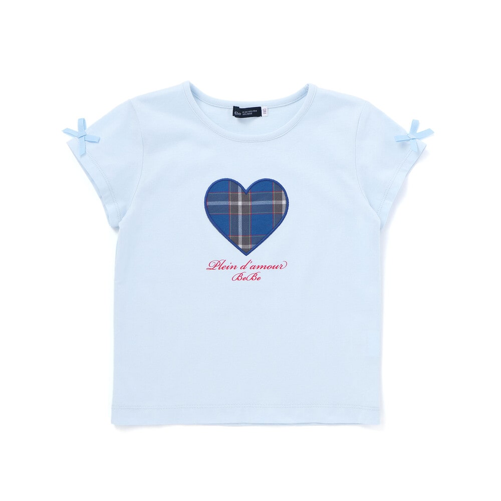 【お揃い】【神戸タータン×BeBe】チェックハートパッチ半袖Tシャツ(90~160cm) ブルー 90cm