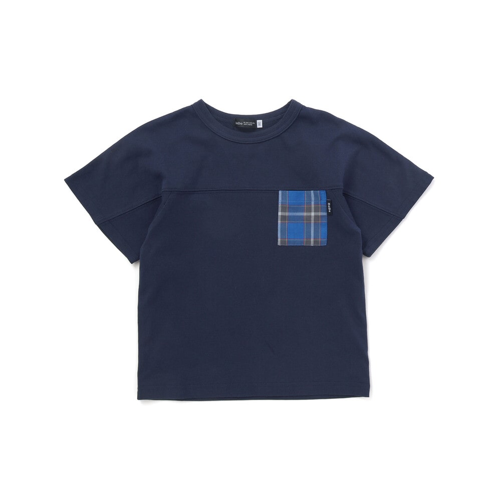 【お揃い】【神戸タータン×BeBe】チェックポケットバックロゴ半袖Tシャツ(90~150cm) ネイビー 90cm