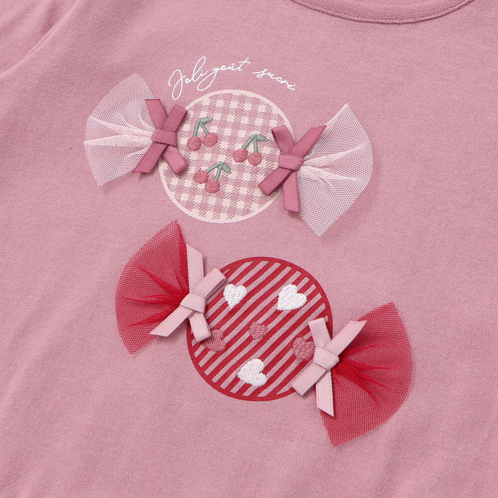 【抗菌・防臭】キャンディプリント裾フリル天竺長袖Tシャツ(90~130cm) ピンク SS(90-100cm)