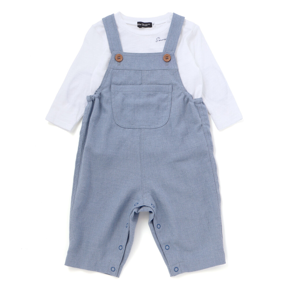 スラブ天竺肘パッチ長袖Tシャツ+オーバーオールセット(80~90cm) ブルー 80cm