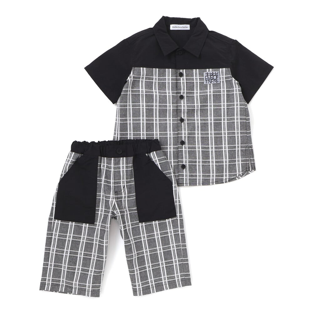 【限定商品】無地×チェックトップス+ショートパンツセットアップ(95~150cm) ブラック系 95cm