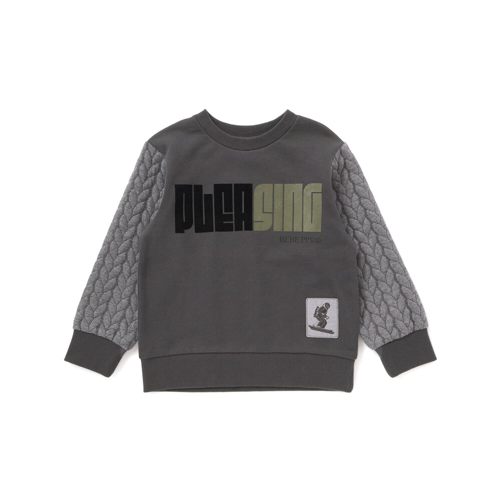 裏毛×袖キルトジャガードトレーナーのフロッキープリントと袖のタフタ切り替え部分のアップ