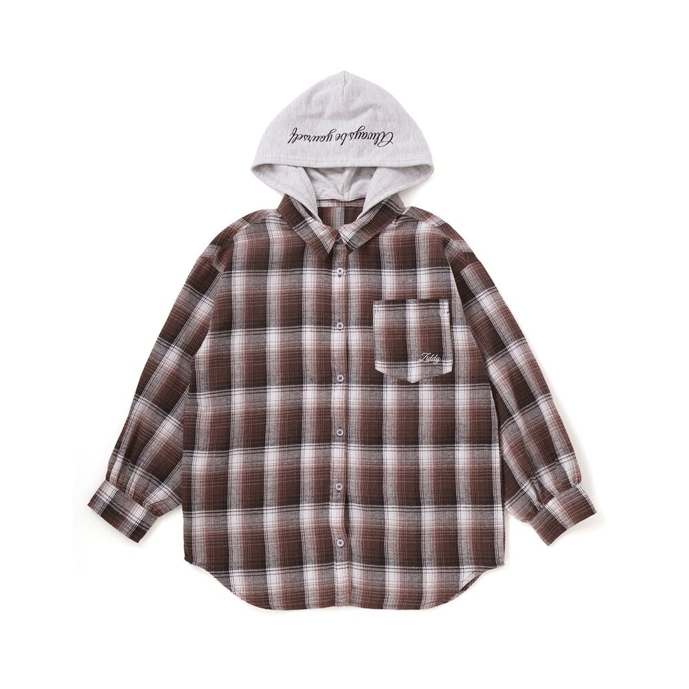 フード取り外しチェックシャツ(130~160cm) ブラック系 130cm