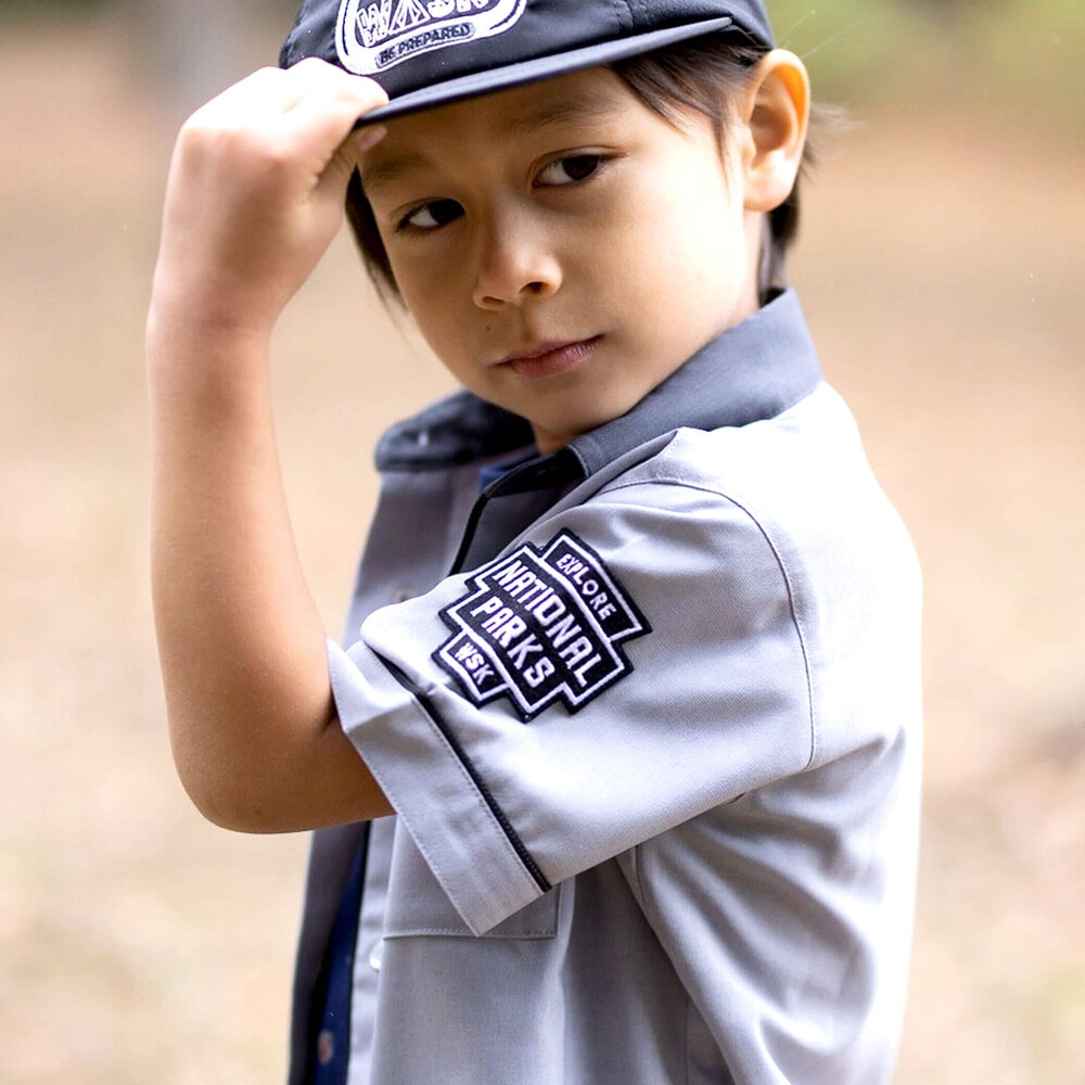 【接触冷感】ファンマートロストレッチパイピングバイカラーシャツ(100~160cm) グレー 100cm