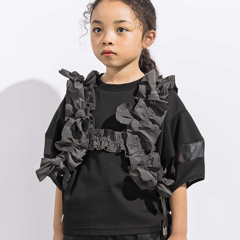 ポンチシアー切り替えポワン袖Tシャツ親子お揃い(110~140cm) ブラック M(110~125cm)