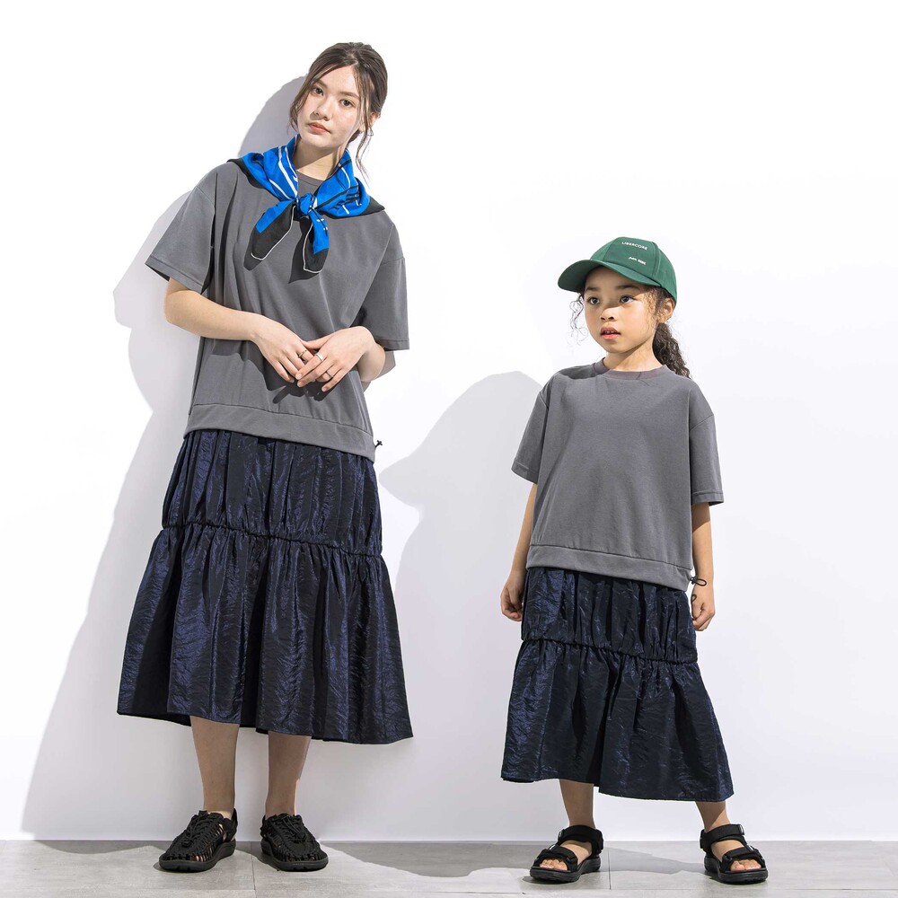 (ペチコート付)ポンチ+メタリックボイルスカートドッキング半袖ワンピース親子お揃い大人(140~160cm) ブラック S(140~150cm)