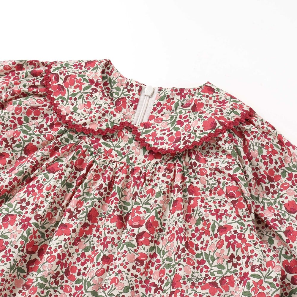 【日本製】リバティタナローン(Coward)花柄ワンピース(90~140cm) レッド系 100cm