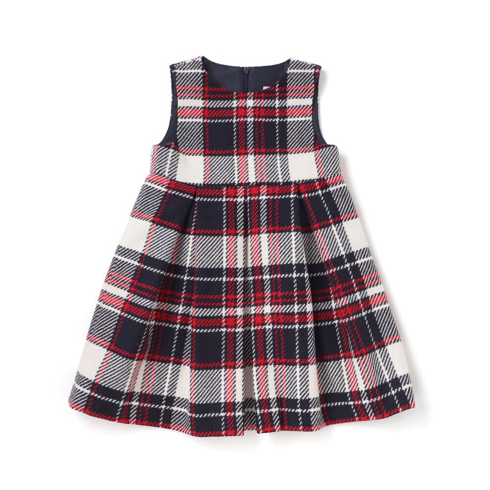 【日本製】【お揃い】ウールチェックサイドリボン付きジャンパースカート(90~140cm) ネイビー系 100cm