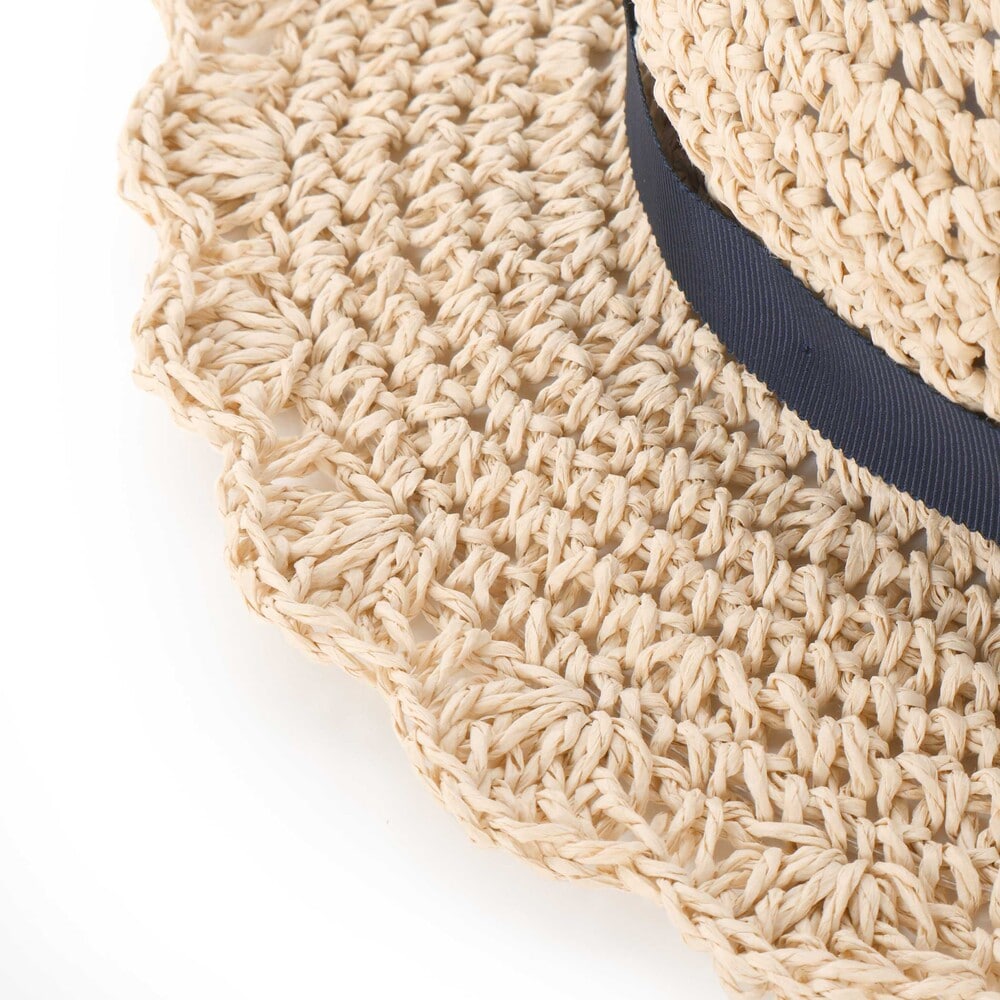 【UVカット】【お揃い】リボン付きブリムスカラップデザインペーパーハット(52~56cm) ネイビー 52cm