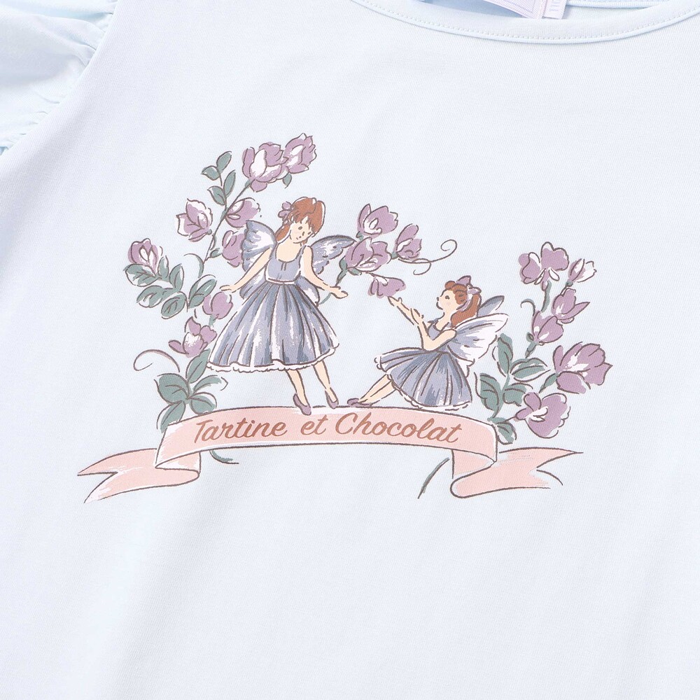ベア天竺 袖フリルプリントTシャツ(90~140cm) ブルー 90cm