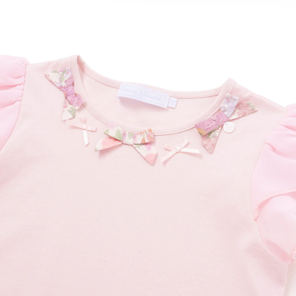 【お揃い】リバティ(MARINA'S WALK)プリントリボンモチーフ 袖シフォンTシャツ(100~140cm) ピンク 100cm