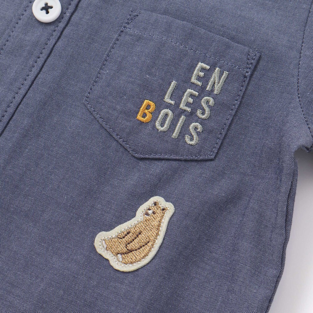 森のどうぶつプリントワッペン付きダンガリー半袖カバーオール(70~80cm) ネイビー 70cm