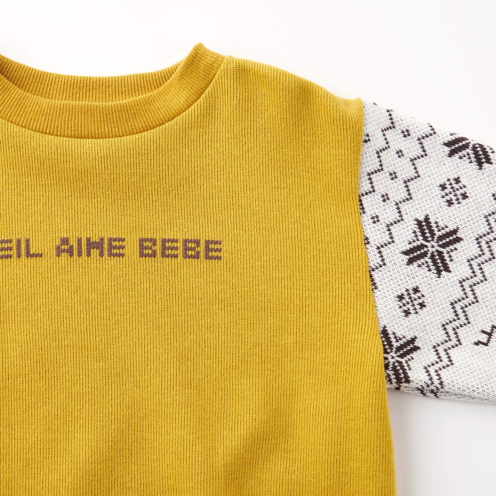 【お揃い】起毛トナカイ柄袖切り替えトレーナー(80~130cm) イエロー 80cm