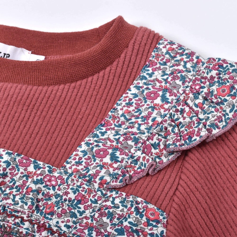 【 お揃い 】 花柄 プリント スモッキング 刺繍 ドッキング Wフェイス ワンピース (80~130cm) グリーン系 110cm