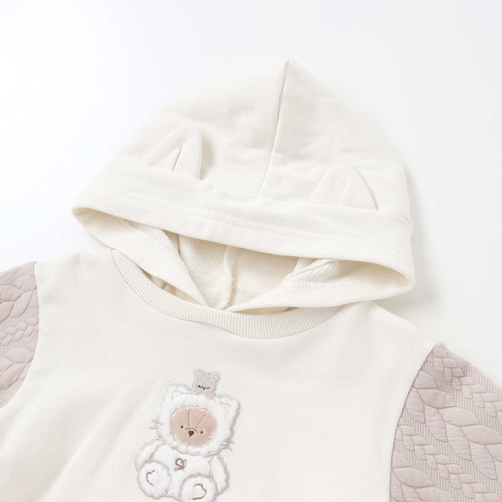 ウサギネコアニマルふわふわパッチ刺しゅう袖切り替えフーディーワンピース(80~130cm) ピンク(ウサギ) 80cm