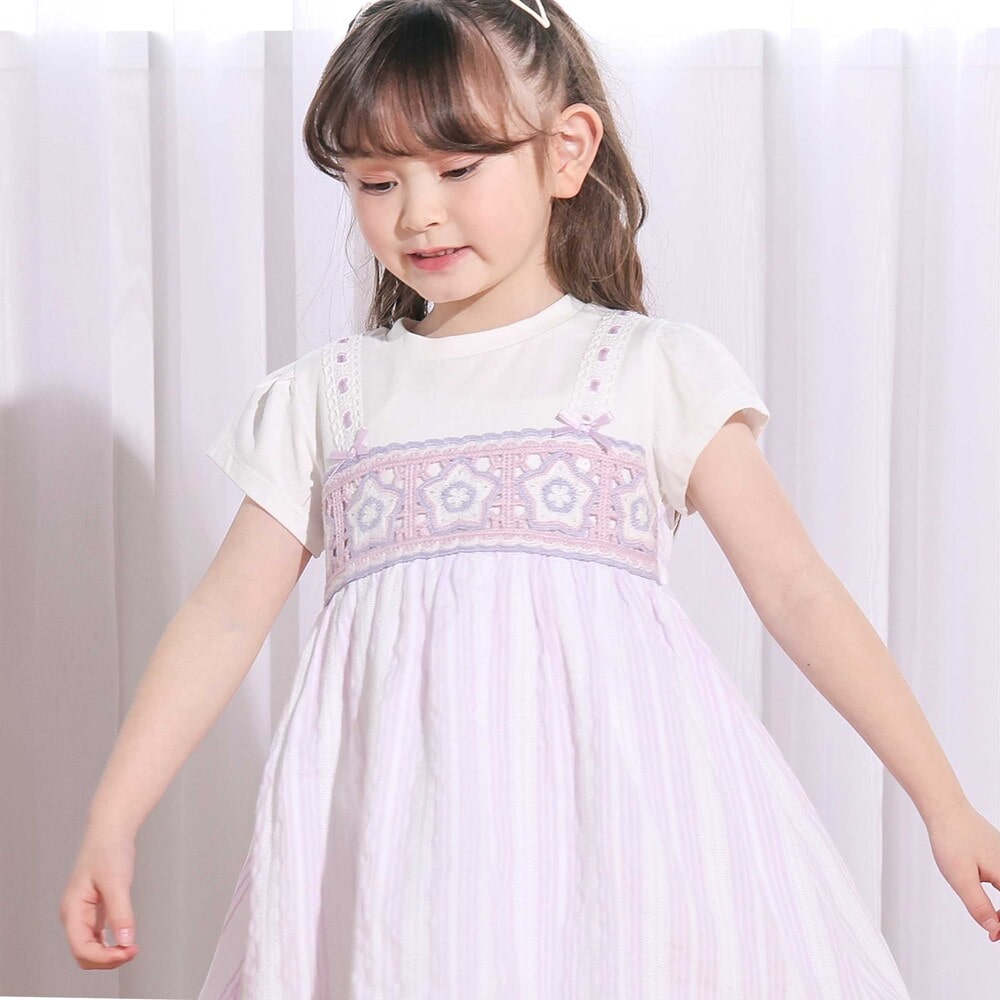 【お揃い】かぎ編み風レースビスチェドッキング天竺ワンピース(80~130cm) パープル系 80cm