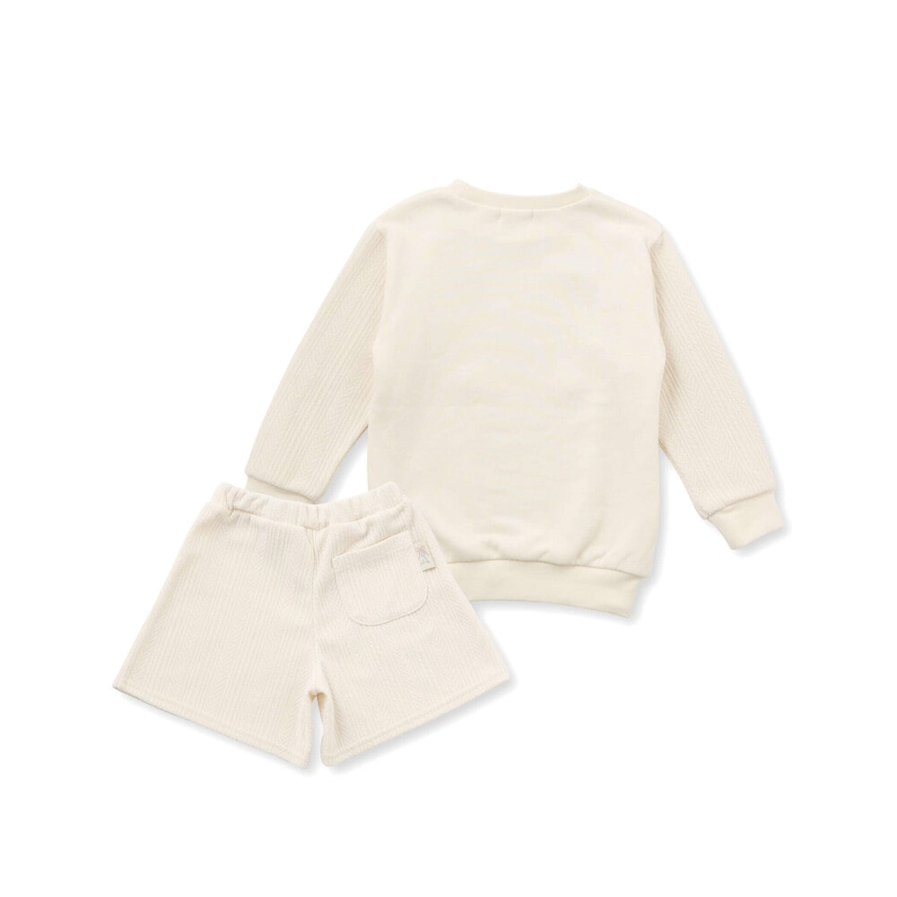 きらめくグリッタープリント切り替えトレーナー+ケーブル編みチェックショートパンツ2点セット(80~130cm) オフホワイト 80cm