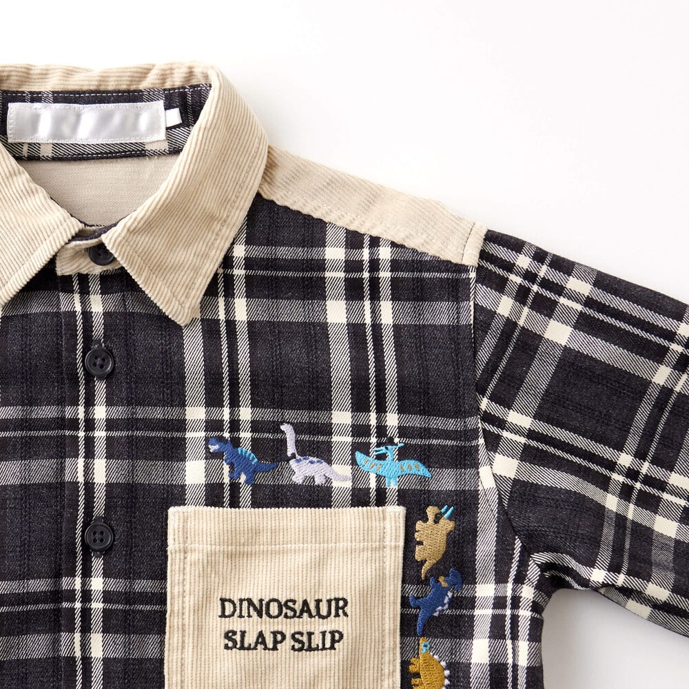 【お揃い】配色コールテン襟付チェック柄シャツ(80~130cm) ブラウン系 80cm