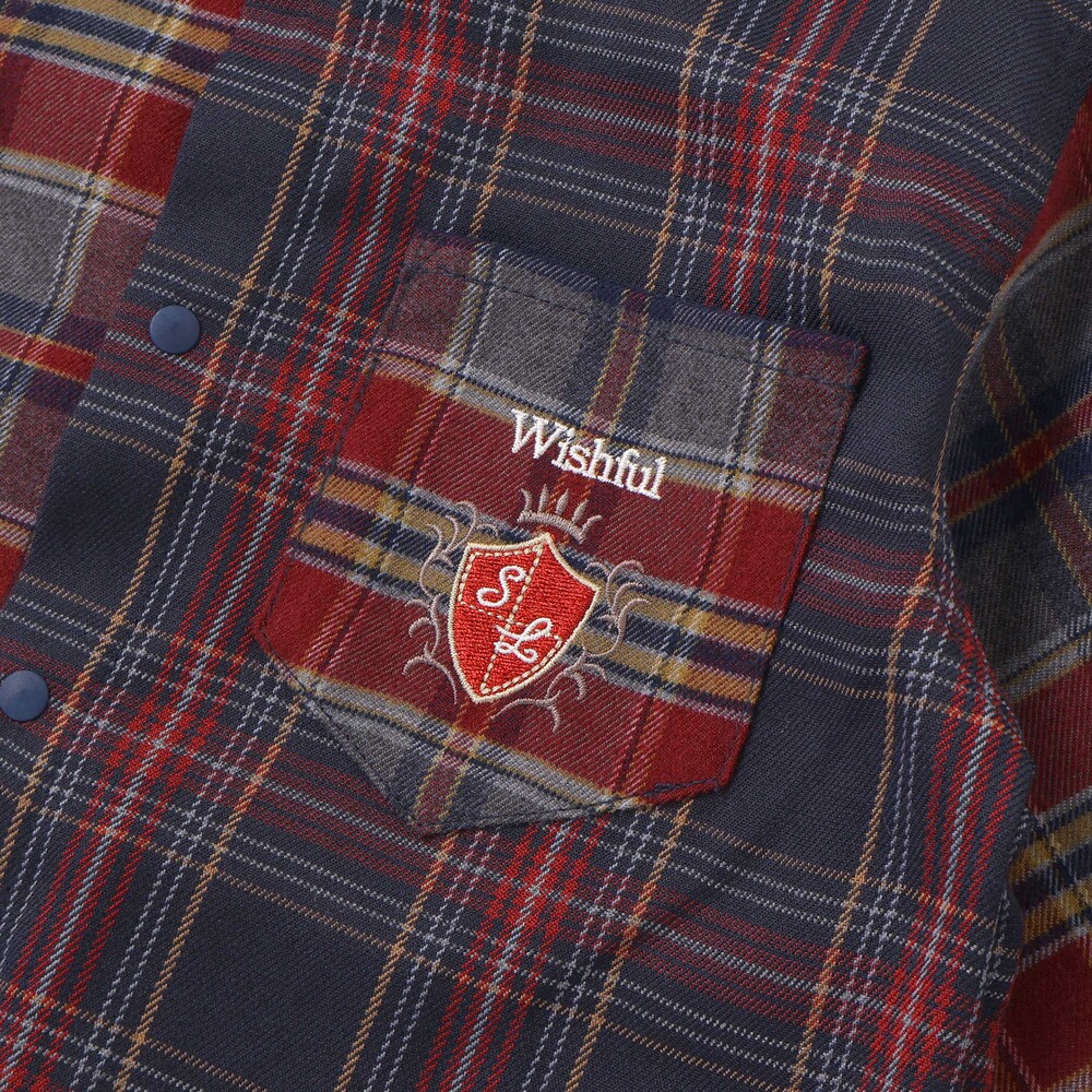 【お揃い】もこもこボア襟切り替えチェックシャツ(90~130cm) ネイビー×レッド系 90cm