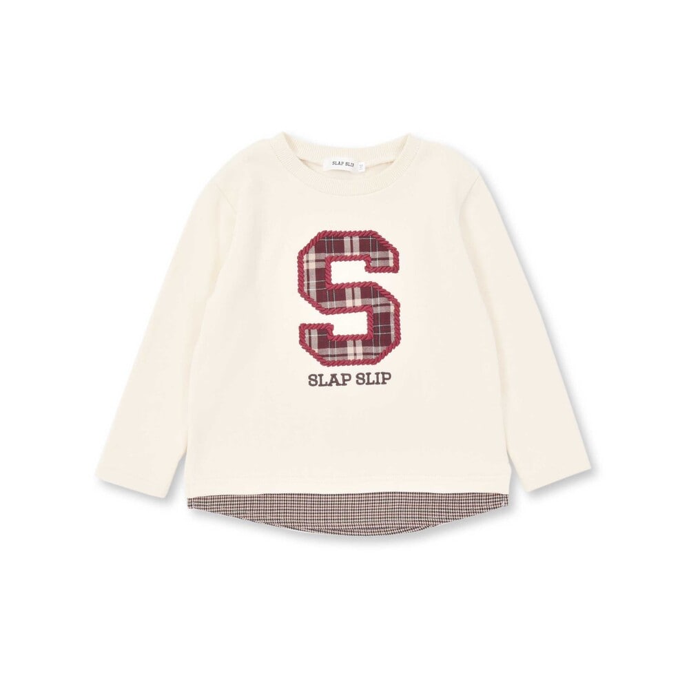 【お揃い】裏起毛チェック切り替えアルファベット刺しゅうトレーナー(80~130cm) オフホワイト 80cm